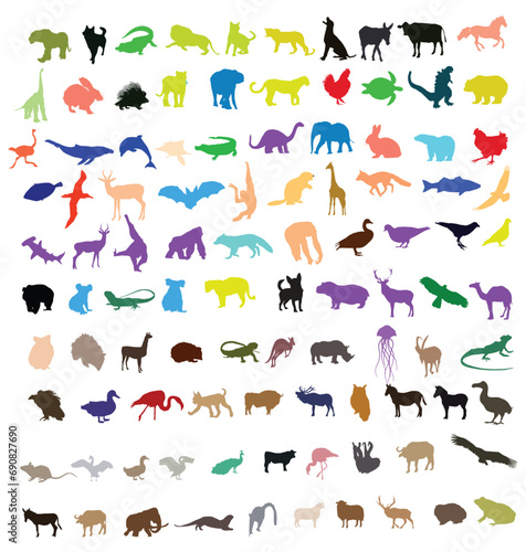 Hundreds different animal silhouettes - vector