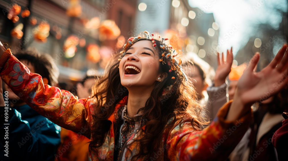 Asian teenage woman having fun on the street at a lunar year festival Asian teenage woman having fun on the street at a lunar year festival