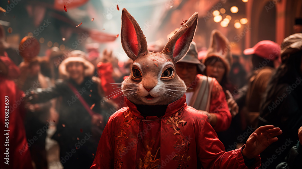 woman wearing a rabbit mask at a street festival on lunar new year - obrazy, fototapety, plakaty 