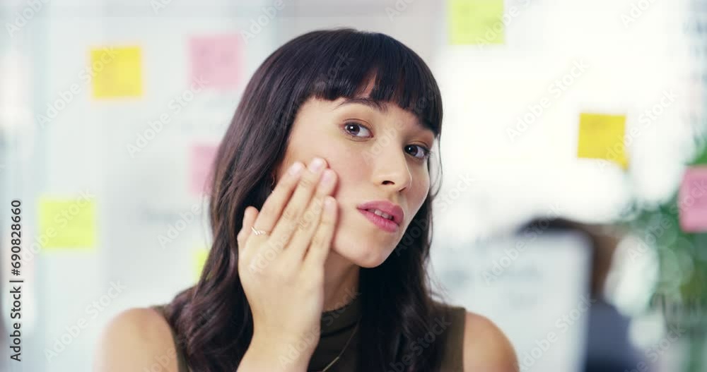 Business woman, face and makeup at office for beauty, skincare or cosmetic foundation. Portrait of female person or employee applying blush, touching facial or rubbing skin in appearance at workplace Business woman, face and makeup at office for beauty, skincare or cosmetic foundation. Portrait of female person or employee applying blush, touching facial or rubbing skin in appearance at workplace