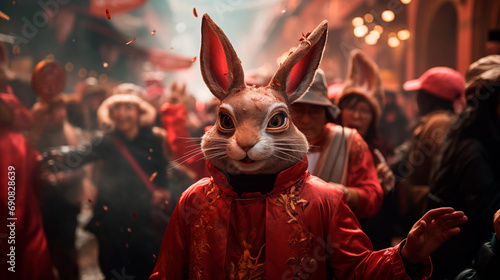 woman wearing a rabbit mask at a street festival on lunar new year