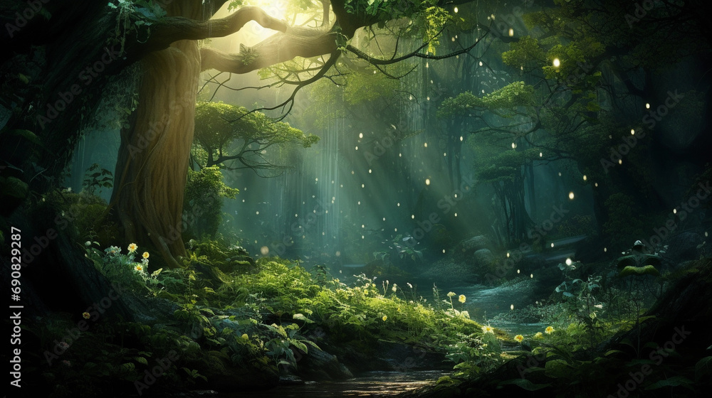 A verdant forest, where all the trees and plants glow with a vibrant