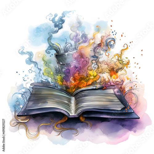 Cute cartoon watercolor halloween magic book on a transparent background