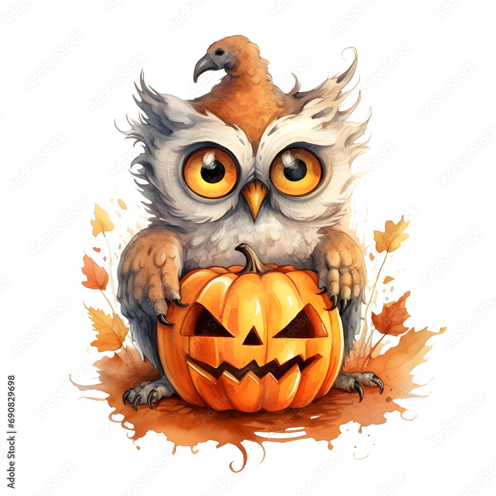 Cute cartoon watercolor halloween owl with a pumpkin on a transparent background Cute cartoon watercolor halloween owl with a pumpkin on a transparent background