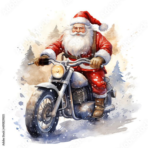 Santa riding a Bike For Christmas Event. Watercolor Style. AI Generated © Intania