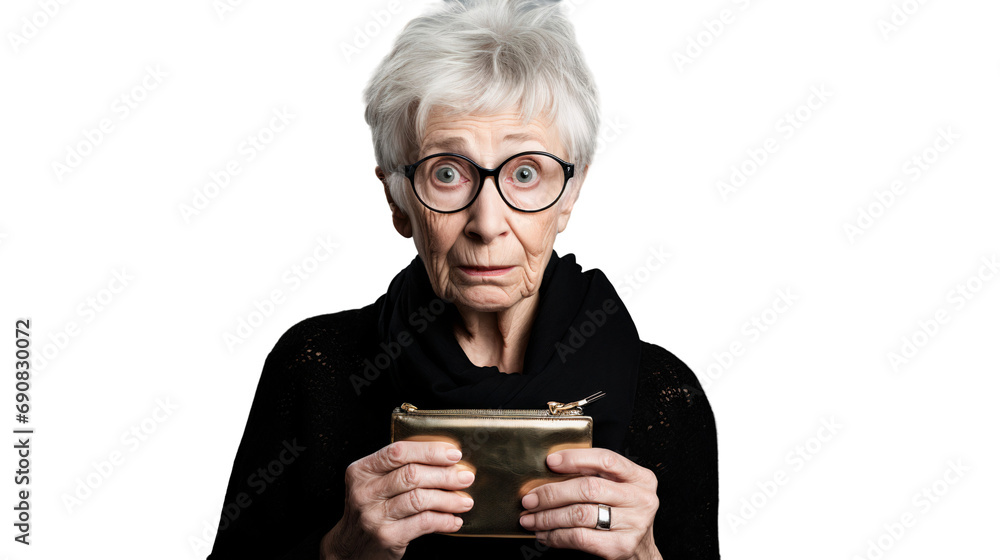 Portrait of an elderly woman holding an empty wallet and shocked isolated on transparent background Portrait of an elderly woman holding an empty wallet and shocked isolated on transparent background