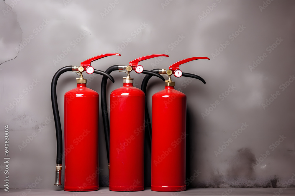 Four red fire extinguishers near grey wall