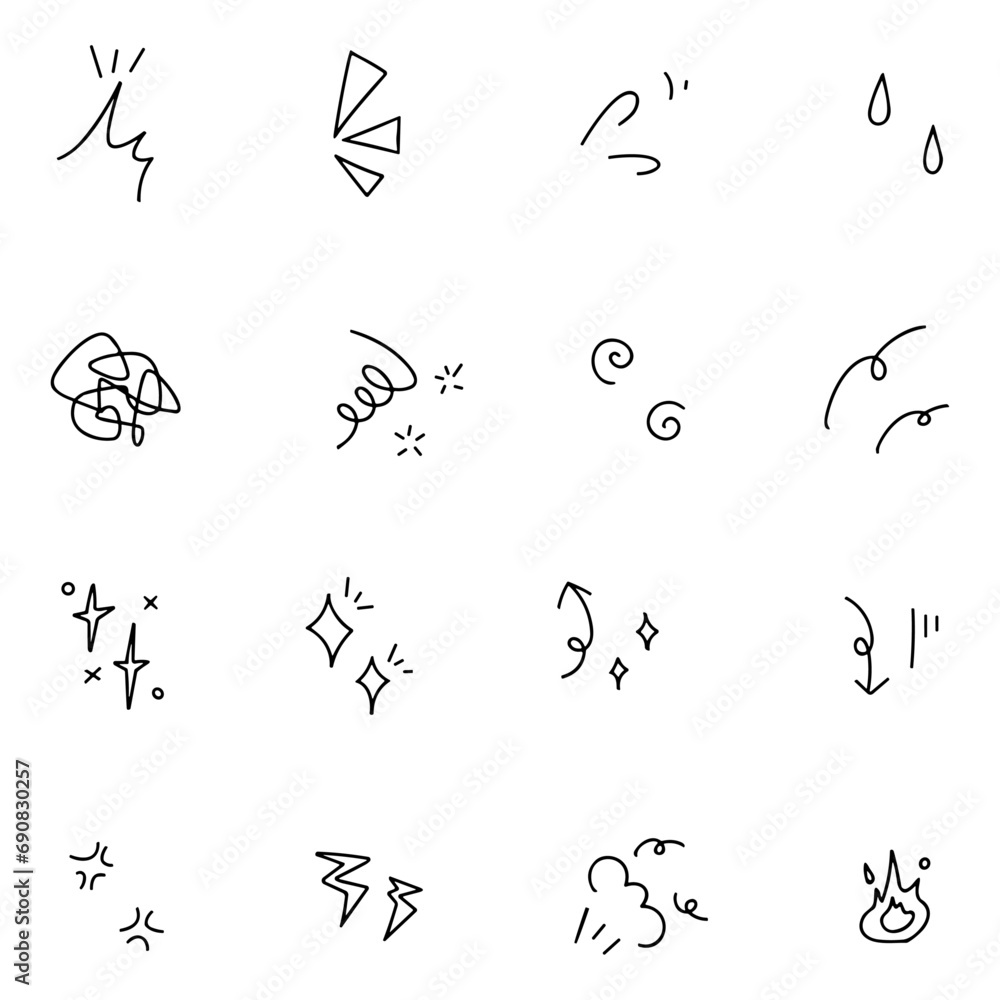 手書きのエフェクトのアイコンセット、感情表現、絵文字 手書きのエフェクトのアイコンセット、感情表現、絵文字