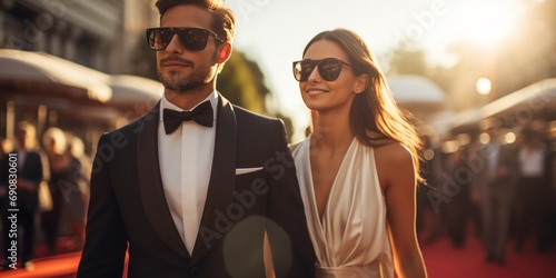 man and woman walking on the red carpet in sunglasses, generative AI photo