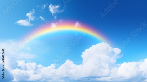 空に掛かった七色の虹、美しい雲と青い空