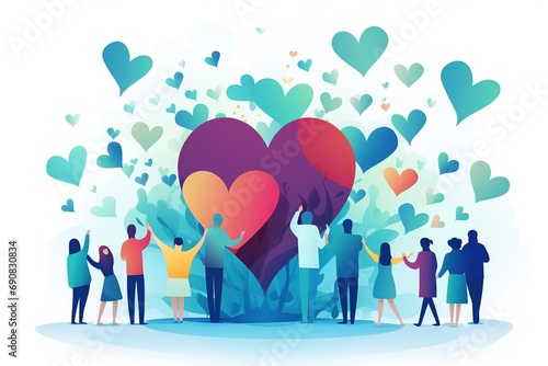 Charity illustration concept with abstract, diverse persons, hands and hearts. Community compassion, love, and support towards those in need. 