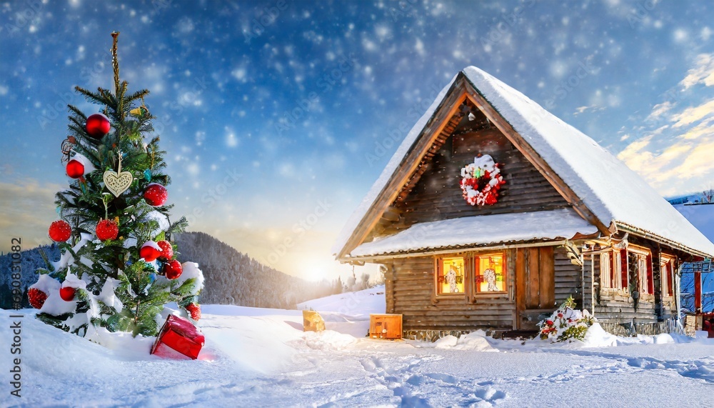 Wooden house in the snow with a Christmas feel