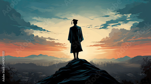 A graduate surveys the city from a higher vantage point at dawn, symbolizing the beginning of a new day and future endeavors. #690831031