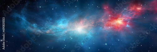 Galaxy background of radiant explosion of blues and reds illuminates the universe In vast expanse of the cosmos. Celestial scene captures the infinite beauty and mystery of the great universe photo