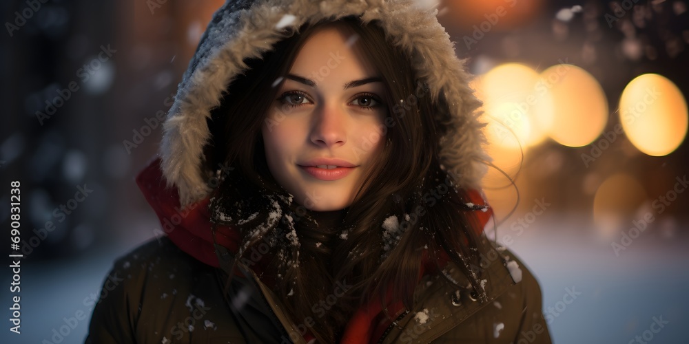 Brunette woman in winter coat standing outside in snow winter weather - generative ai