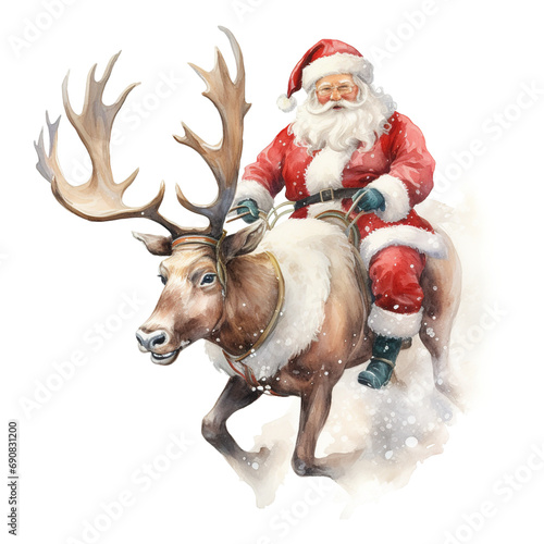 Santa riding a Reindeer For Christmas Event. Watercolor Style. AI Generated