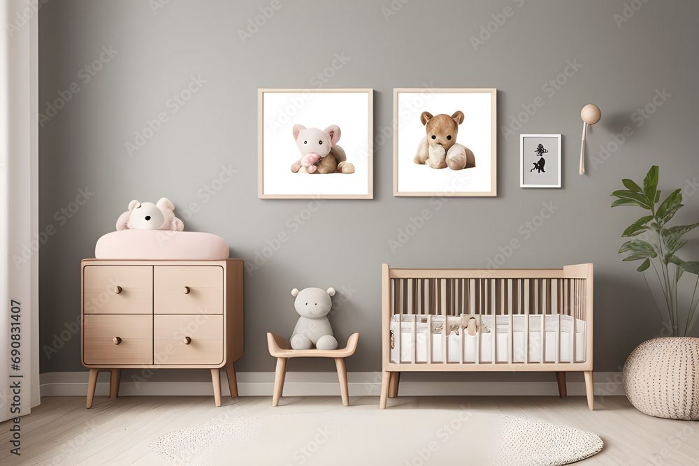 Stylish scandinavian newborn baby room with brown wooden mock up poster frame, toys, plush animal and child accessories - obrazy, fototapety, plakaty 