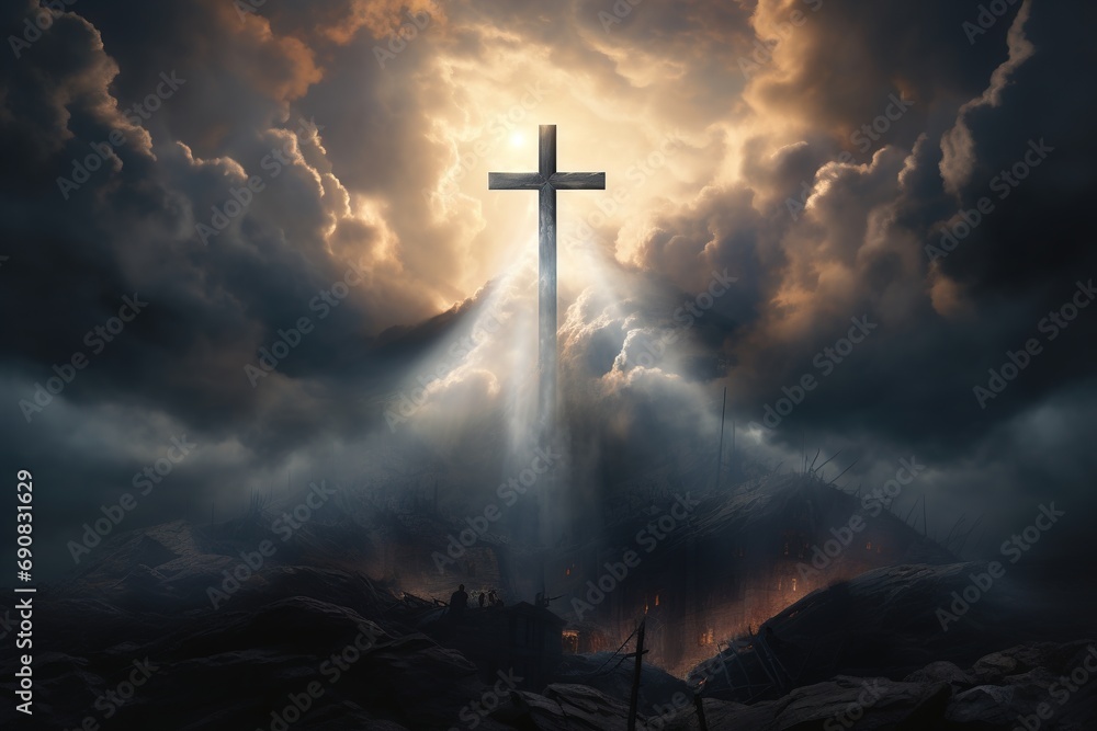 holy cross symbolizing the death and resurrection of Jesus Christ with The sky over the Hill is shrouded in light and clouds - obrazy, fototapety, plakaty 