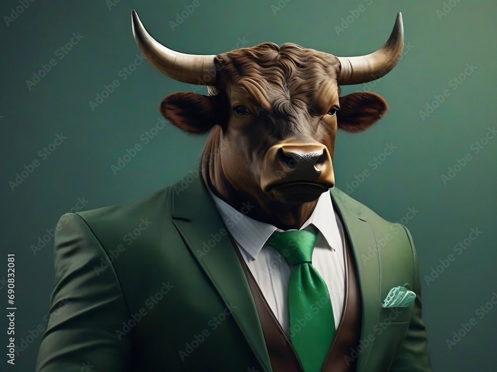 Bullish fashion statement! Business bull dressed with a green blazer, ideal for stock market themes and bullish trends. Perfect for financial concepts and wise investments in bull market. Bullish fashion statement! Business bull dressed with a green blazer, ideal for stock market themes and bullish trends. Perfect for financial concepts and wise investments in bull market.