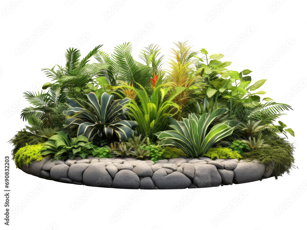 garden with stone edging trim and lush tropical plants isolated on transparent background garden with stone edging trim and lush tropical plants isolated on transparent background