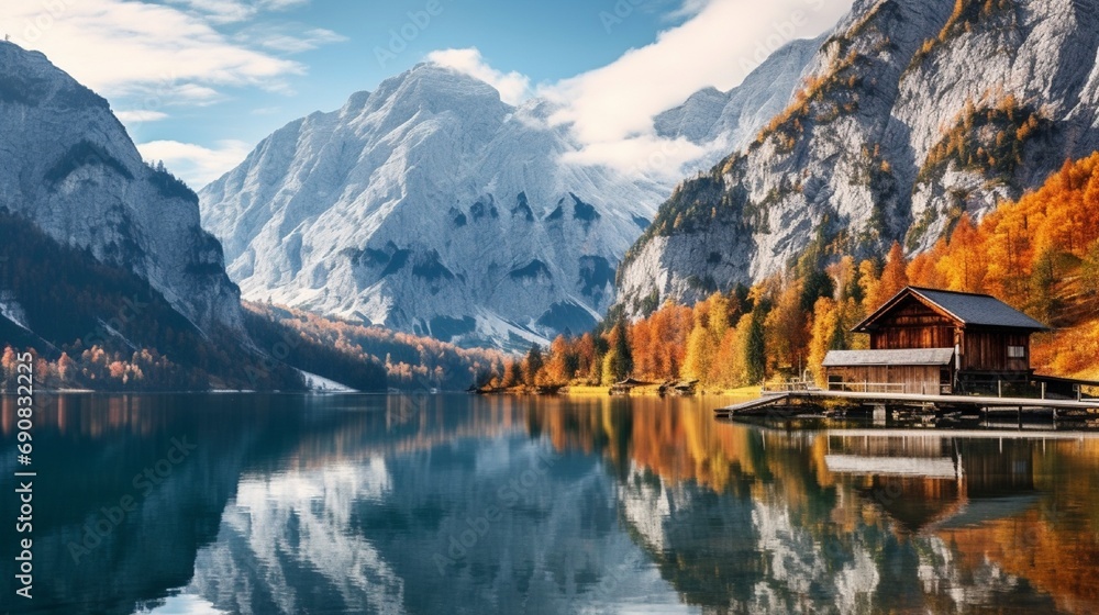 Tranquil Autumn Landscape Reflecting Majestic Mountain Range in Calm Lake generated by AI tool