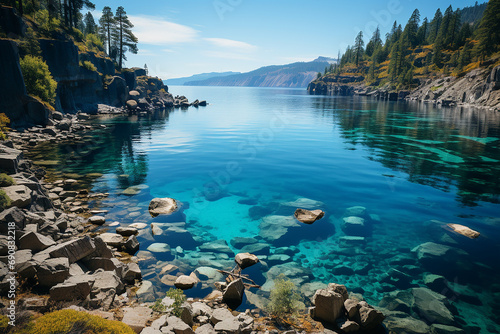 Aerial View of Crater Lake with Crystal Blue Waters and the horizon