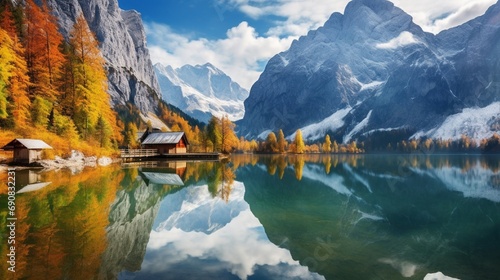 Tranquil Autumn Landscape Reflecting Majestic Mountain Range in Calm Lake generated by AI tool