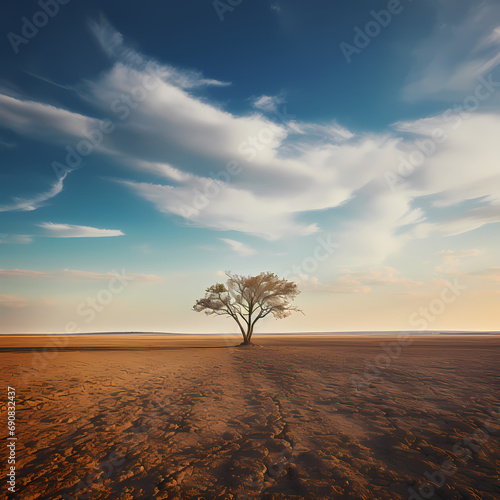 A lone tree in a vast, empty landscape