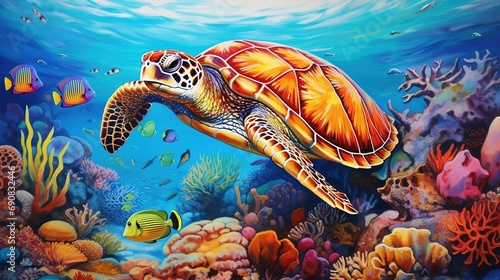 turtle with group of colorful fish and sea animals with colorful coral underwater in ocean photo
