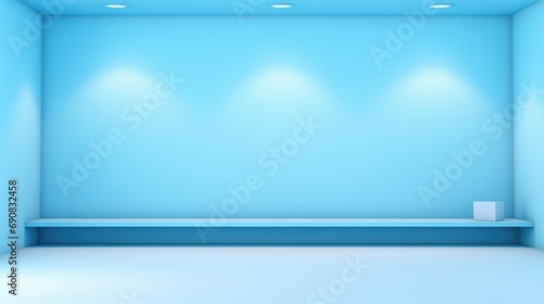 Universal minimalistic blue background for presentation. A light blue wall in the interior with beautiful built-in lighting and a smooth floor. 