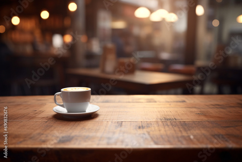 Vintage-inspired empty cafe table in focus, the interior of a hipster coffee spot with a blurred background of baristas brewing artisanal coffee...