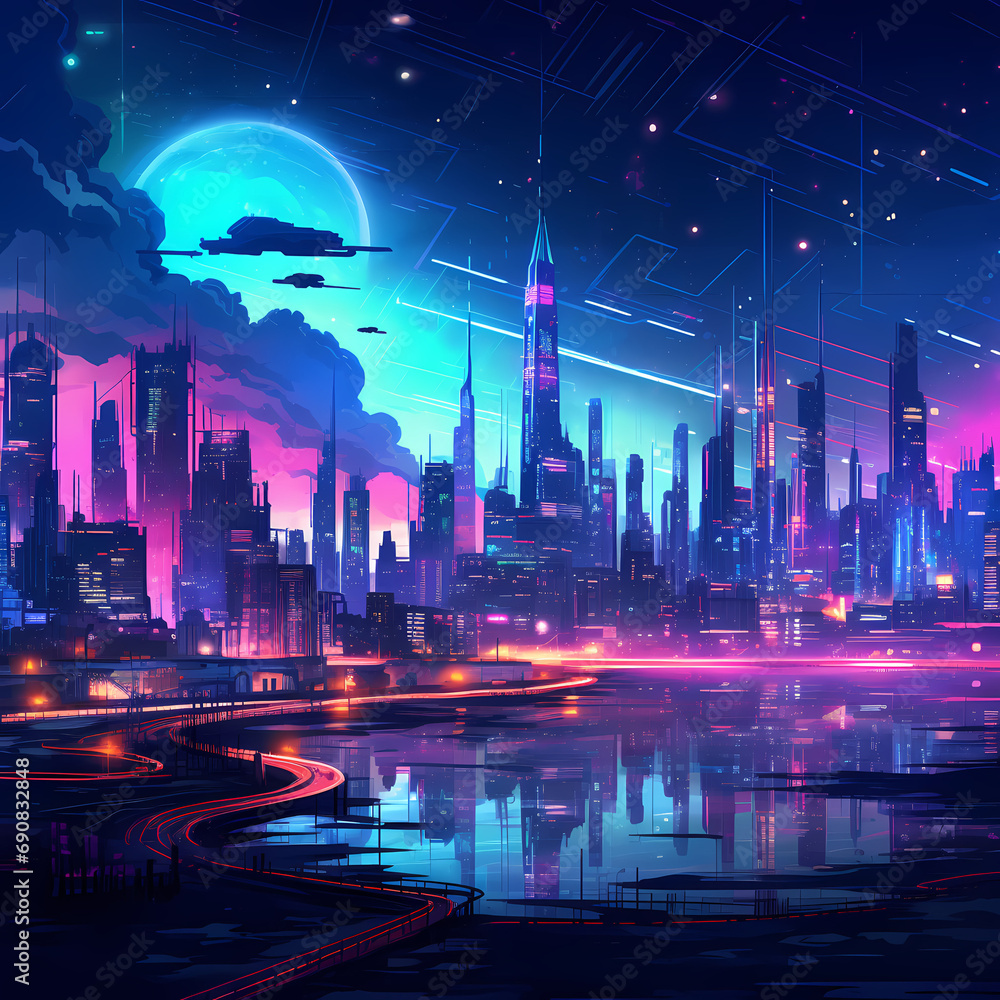 A futuristic city skyline with neon lights.