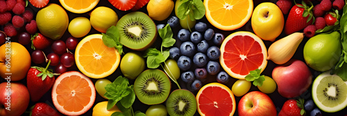 Healthy food background. Collection with color fruits  berries and vegetables