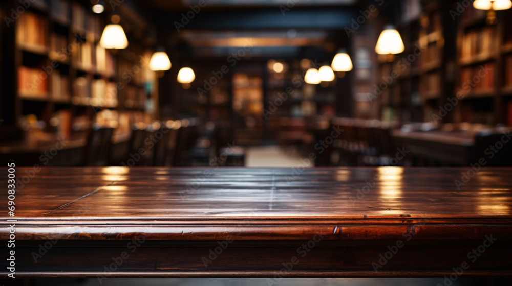 Dark mahogany empty desk up close, the interior of a vintage bookstore on a blurred background... - obrazy, fototapety, plakaty 