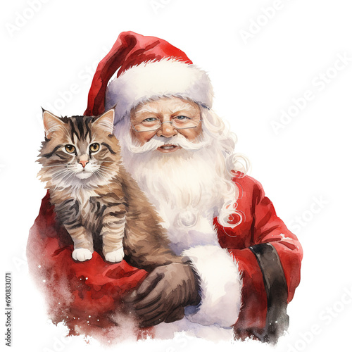 Santa and Cat For Christmas Event. Watercolor Style. AI Generated © Intania