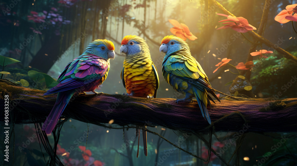 An illustration of psychedelic colorful canari birds in the magic forest - obrazy, fototapety, plakaty 
