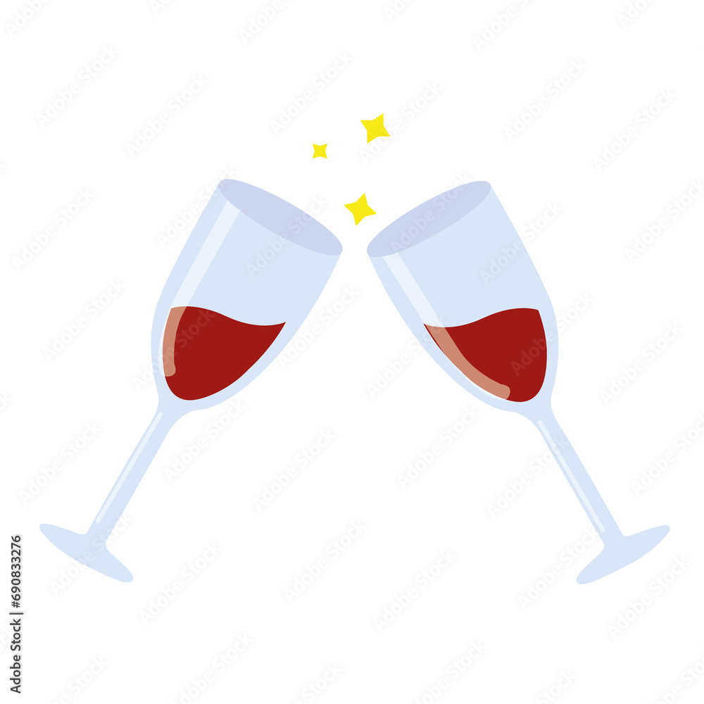 Clink wine glasses flat style. Glasses with alcoholic beverages Clink wine glasses flat style. Glasses with alcoholic beverages