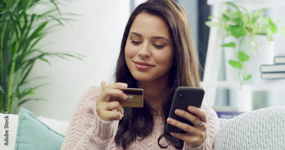 Online shopping, credit card and woman with phone on sofa for internet purchase, buying and payment. Happy, relax and person on smartphone for website deal, sale and discount for ecommerce at home Online shopping, credit card and woman with phone on sofa for internet purchase, buying and payment. Happy, relax and person on smartphone for website deal, sale and discount for ecommerce at home