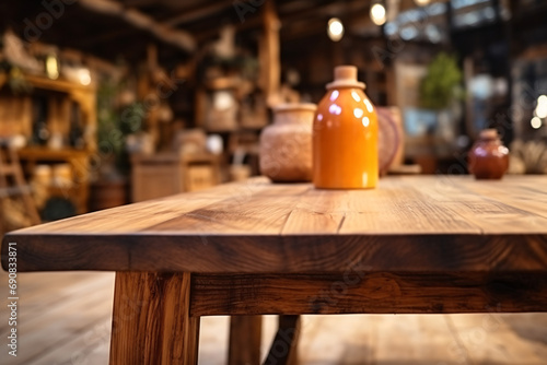 Rustic wooden empty table close-up, the interior of a cozy country gift shop with a hint of handmade crafts in the background, ready for a promotion of unique and personalized gifts...