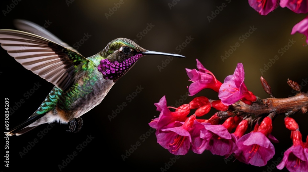 Fototapeta premium Anna's Hummingbird adult male hovering and feeding. 