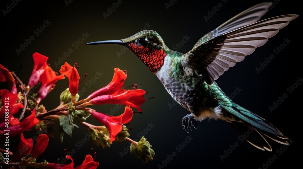 Fototapeta premium Anna's Hummingbird adult male hovering and feeding. 