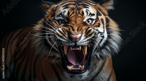 Angry face of sumatran tiger  animal angry  head of tiger sumatera closeup with grey background