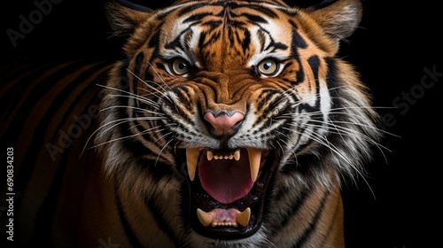 Angry face of sumatran tiger  animal angry  head of tiger sumatera closeup with black background