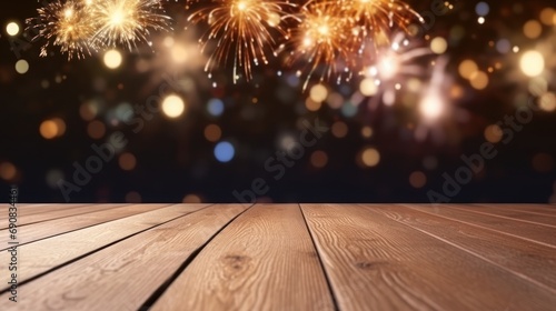 Wood floor empty with bokeh lights on fireworks background, Advertisement, Print media, Illustration, Banner, for website, copy space, for word, template, presentation