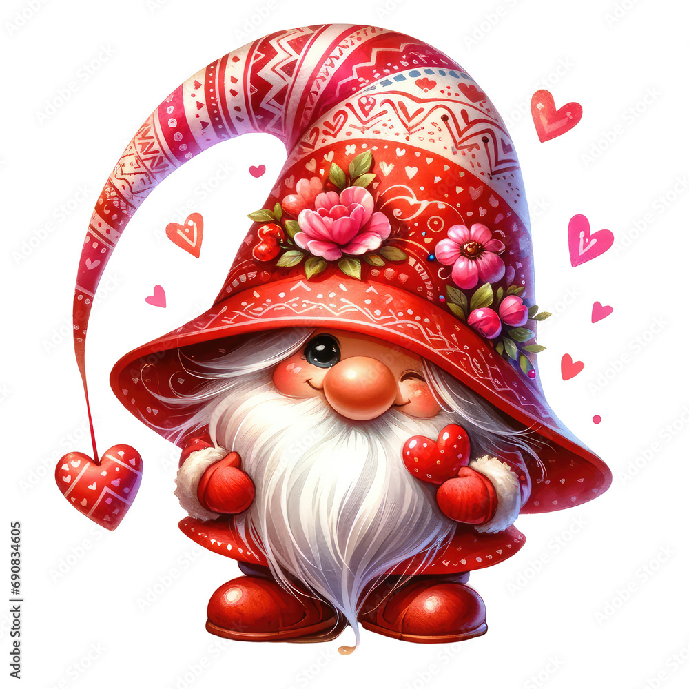 Festive gnome character for Valentine's, painted in rich watercolors, PNG transparent background