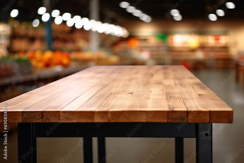 Industrial wooden empty table close-up, the interior of a neighborhood supermarket with a hint of local products and community spirit...