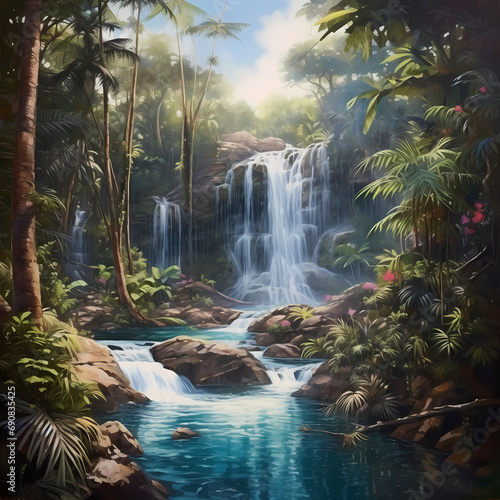 Cascading waterfalls in a tropical paradise