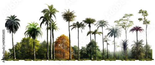 a bunch of tropical trees forest in a line, the tree are various isolated on transparent background