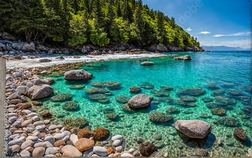 Turquoise waters lapping against smooth pebbles.
