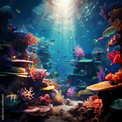 Underwater world with colorful coral reefs © Cao